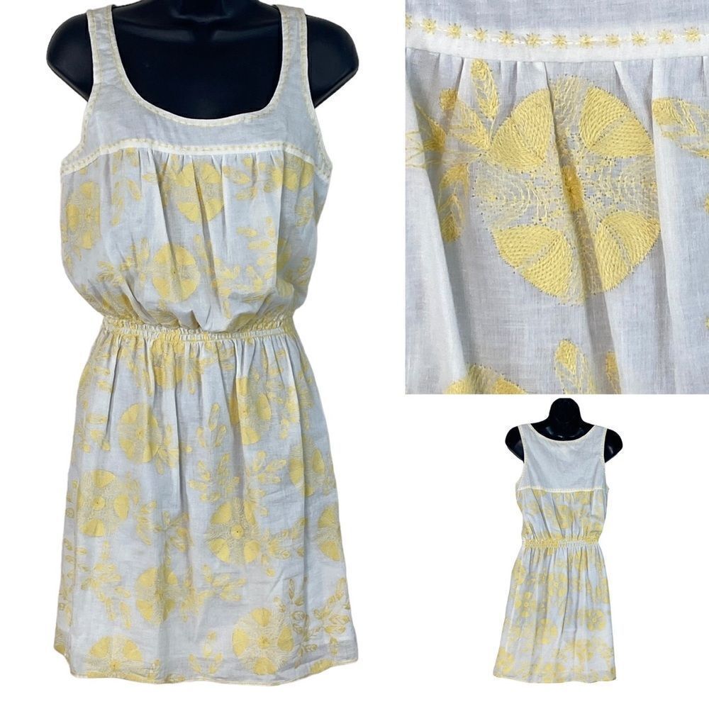 Studio M Butter Yellow White Embroidered Floral Sleeveless Cotton Mini Dress S